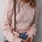 Gossamer Pink Openwork Plaid Puff Sleeve Cropped Sweater