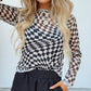 Black Checkered Pattern Mesh Mock Neck Long Sleeve Top