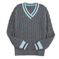 Medium Grey Color Contrast Ribbed Edge Cable Knit V Neck Sweater