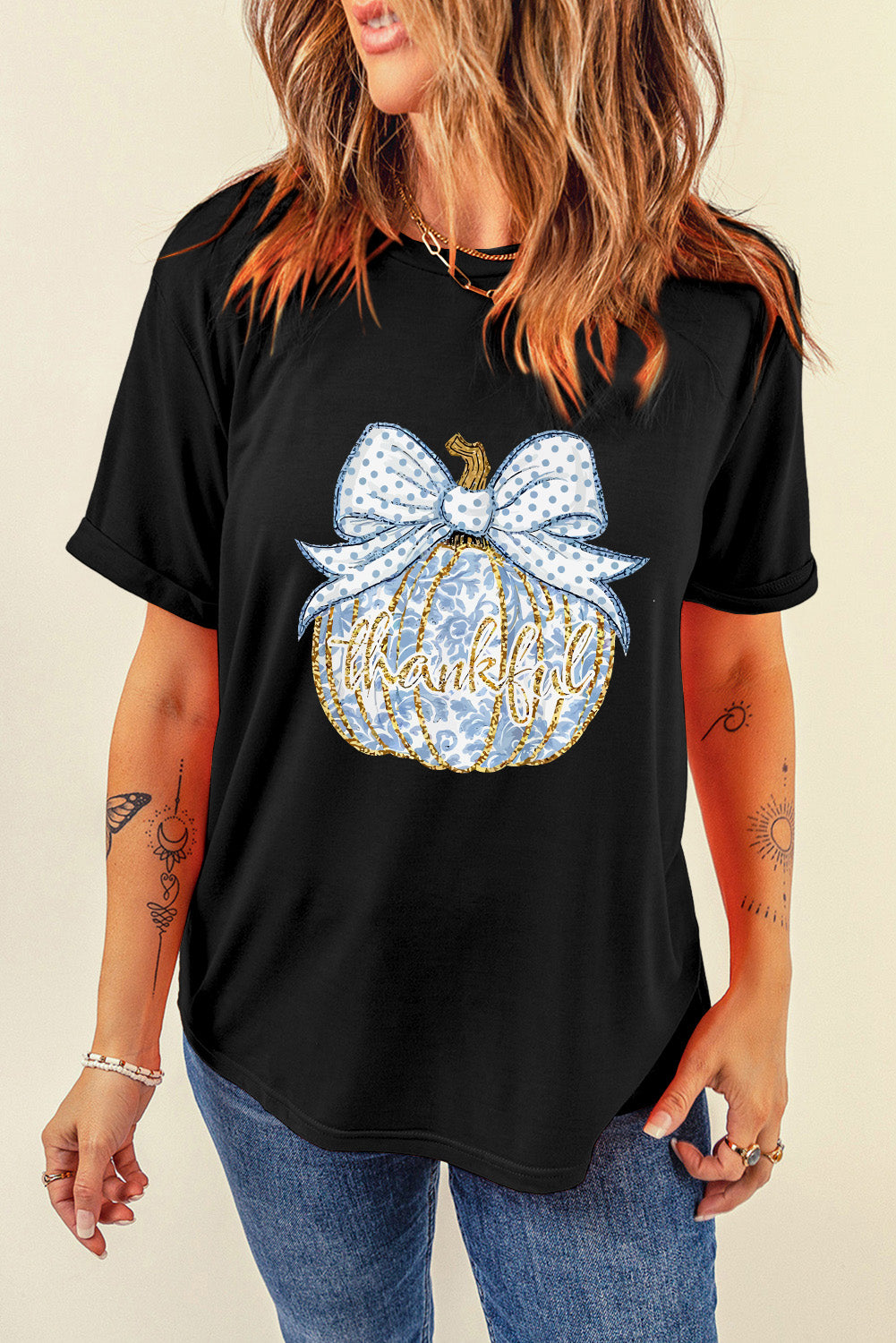 Black Polka Dot Bow Knot Thankful Pumpkin Graphic T Shirt