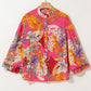 Red Abstract Floral Print Buttoned Ruffled Bubble Sleeve Shirt