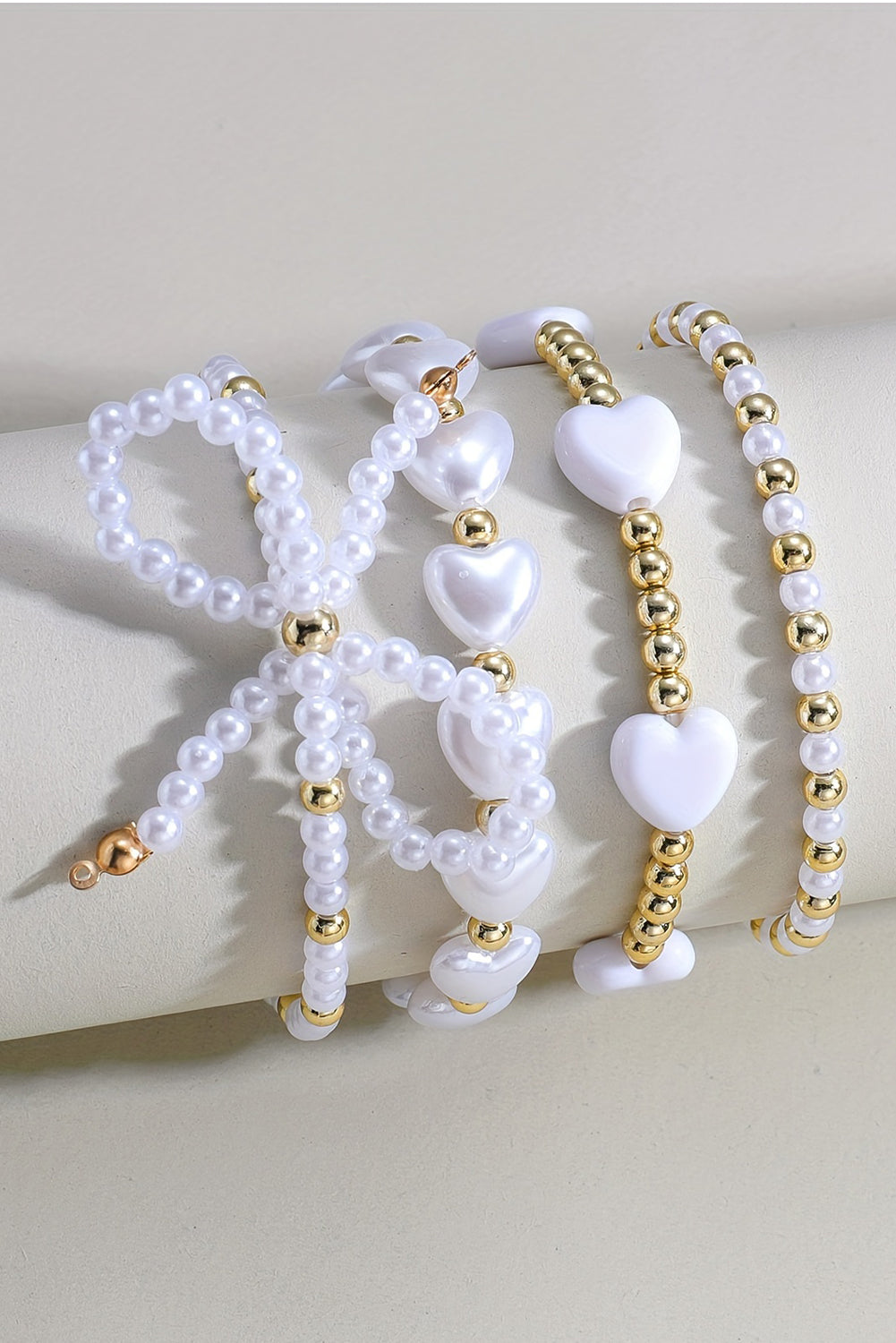 White Bow Knot Heart Shape Faux Pearl Beaded Bracelet Set