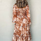 Brown Floral Print Shirred Square Neck High Waist Maxi Dress