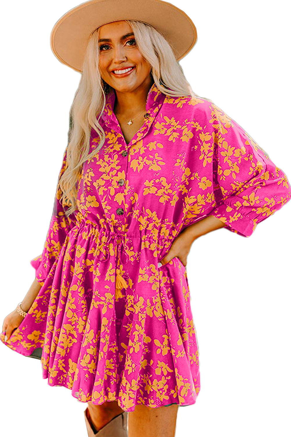 Pink Floral Print Drawstring Tunic Flowy Short Dress