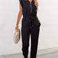 Black Zipper Flutter Sleeve Drawstring High Waist Jumpsuit