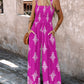 Graphic Print Square Neck Thick Strap Shirred Jumpsuit Wide Leg Overalls with Pockets