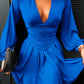 Plunge Neck Ruched A Line Flowy Dress Long Sleeve Casual Dress