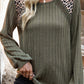 Moss Green Leopard Print Crochet Patchwork Rib Textured Knit Top