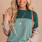 Green Color Block Long Sleeve Ribbed Loose Top