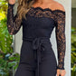 Off Shoulder Long Sleeve Eyelash Lace Patch Slim Fit Jumpsuit Tied Detail Casual Overalls