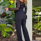 Off Shoulder Long Sleeve Eyelash Lace Patch Slim Fit Jumpsuit Tied Detail Casual Overalls