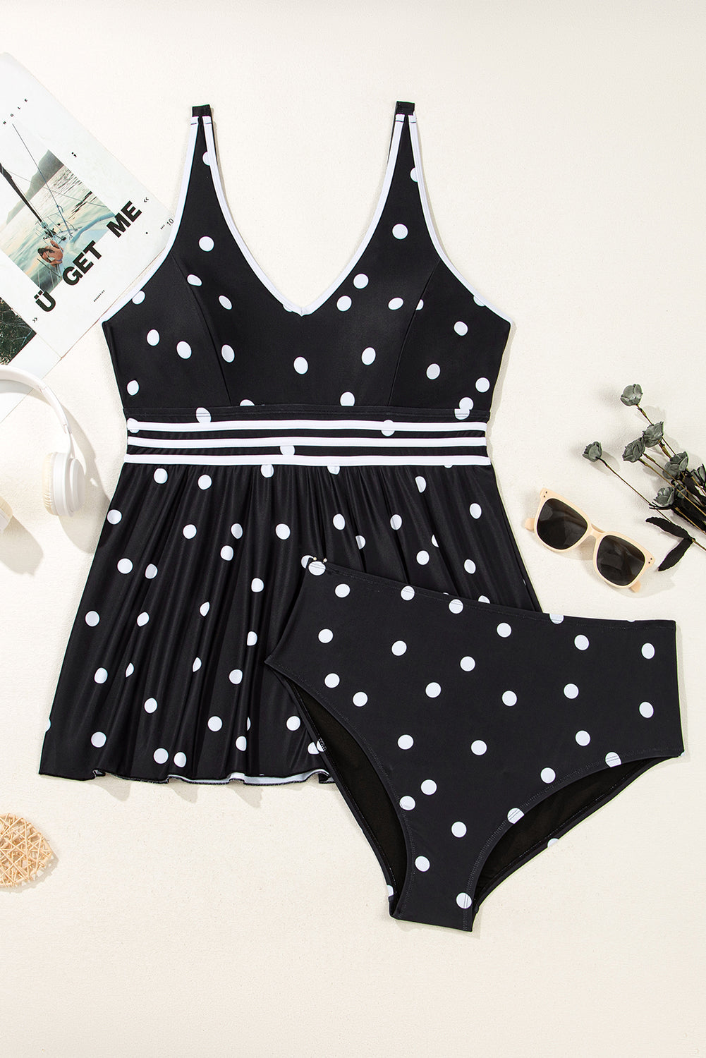 Black Polka Dot/Colorblock Trim V Neck Plus Size Swim Dress