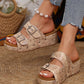 Pale Khaki Retro Buckle Studded Platform Slippers