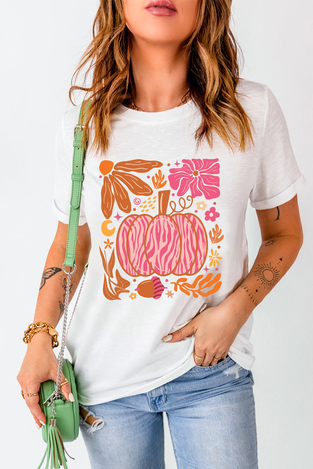 White Floral Pumpkin Printed Crewneck Thanksgiving T Shirt