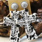 Silvery Cow Spots Faith Cross Western Fashion Dangle Earrings