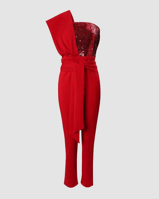 Contrast Sequin One Shoulder Jumpsuit