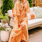 Orange Floral Print Smocked V Neck Wide Sleeve Maxi Dress