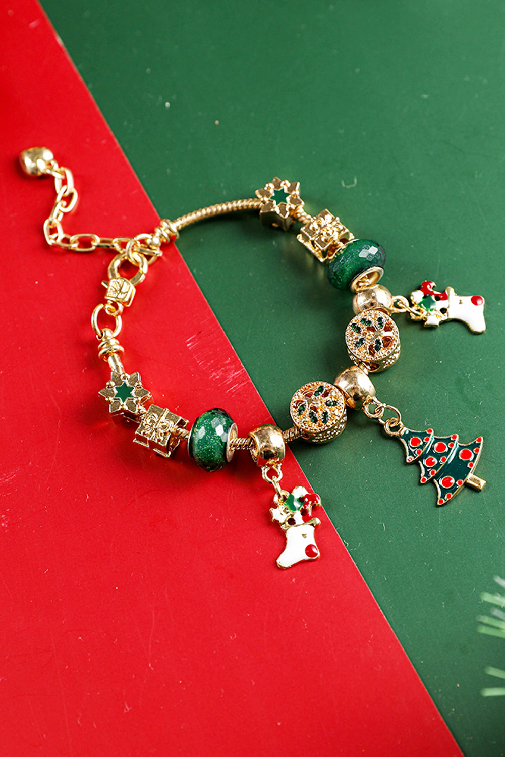 Green Christmas Pendant Adjustable Plated Beaded Bracelet