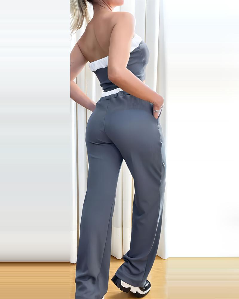 Contrast Binding Bandeau Ribbed Top & Pocket Design Pants Set