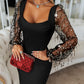 Long Sleeve Sequin Tassel Design Mesh Patch Party Bodycon Dress