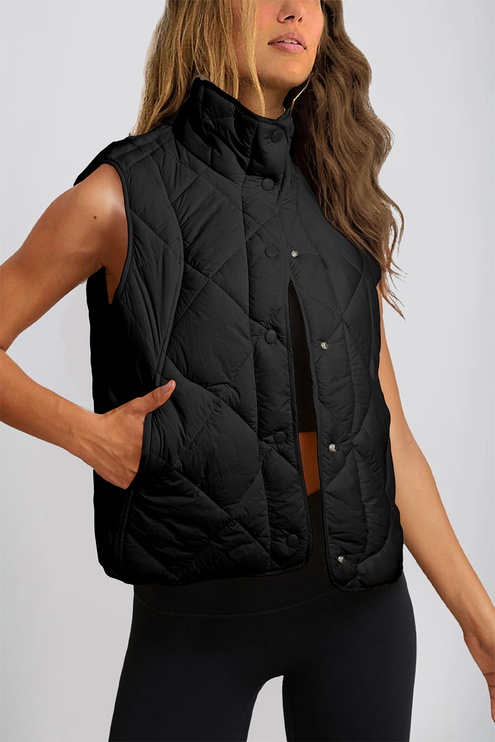 Black Quilted High Neck Button Up Pocket Vest Coat