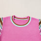 Bright Pink Contrast Printed Cap Sleeves Crewneck Sweater