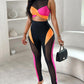 Colorblock Contrast Mesh Crop Top & High Waist Pants Set