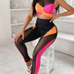 Colorblock Contrast Mesh Crop Top & High Waist Pants Set