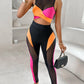 Colorblock Contrast Mesh Crop Top & High Waist Pants Set