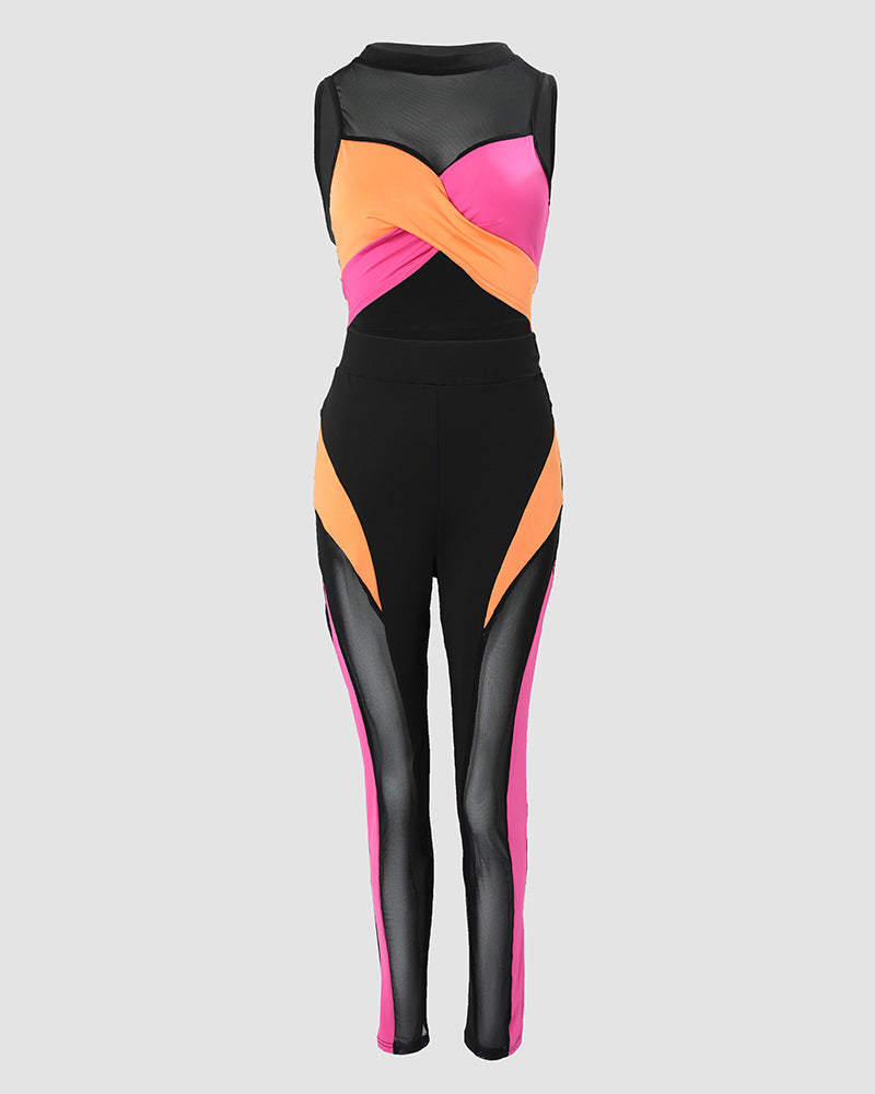 Colorblock Contrast Mesh Crop Top & High Waist Pants Set