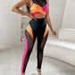 Colorblock Contrast Mesh Crop Top & High Waist Pants Set