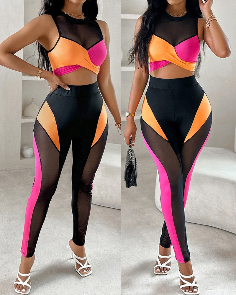 Colorblock Contrast Mesh Crop Top & High Waist Pants Set