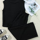 Color black Textured Knit Cap Sleeve T Shirt and Wide Leg Pants Set