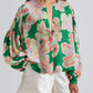 Green Floral Print Button up Pleated Puff Sleeve Loose Shirt