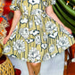 Green Plus Size Floral Print Shirred Square Neck Puff Sleeve Dress