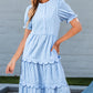 Sky Blue Stripe Bubble Short Sleeve Tiered Scallop Long Dress