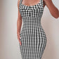 Houndstooth Print Low Neck Slim Fit Bodycon Dress