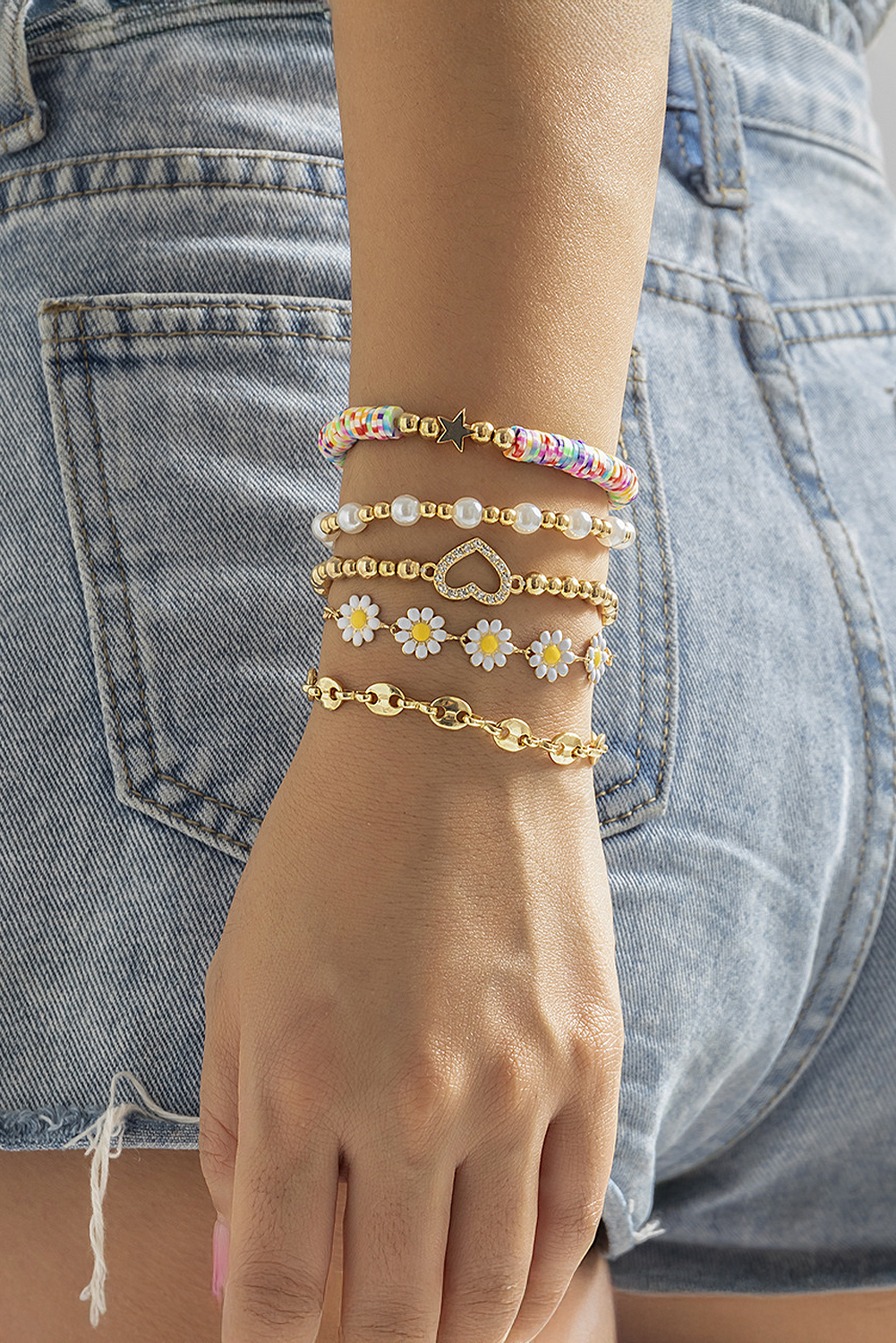 Gold Daisy Heart Pearl Beaded Multi Layer Bracelet