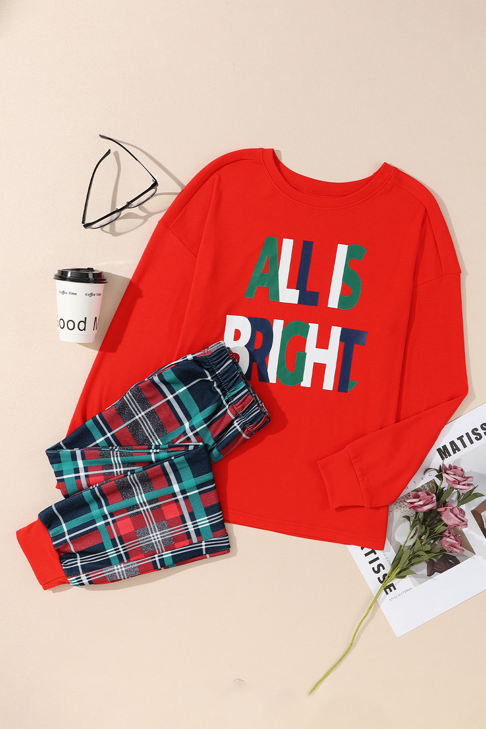 Multicolor ALL IS BRIGHT Graphic Christmas Plaid Pajamas Set