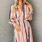 White Multicolor Striped Cuffed Sleeve Tassel Tied Shirt Maxi Dress