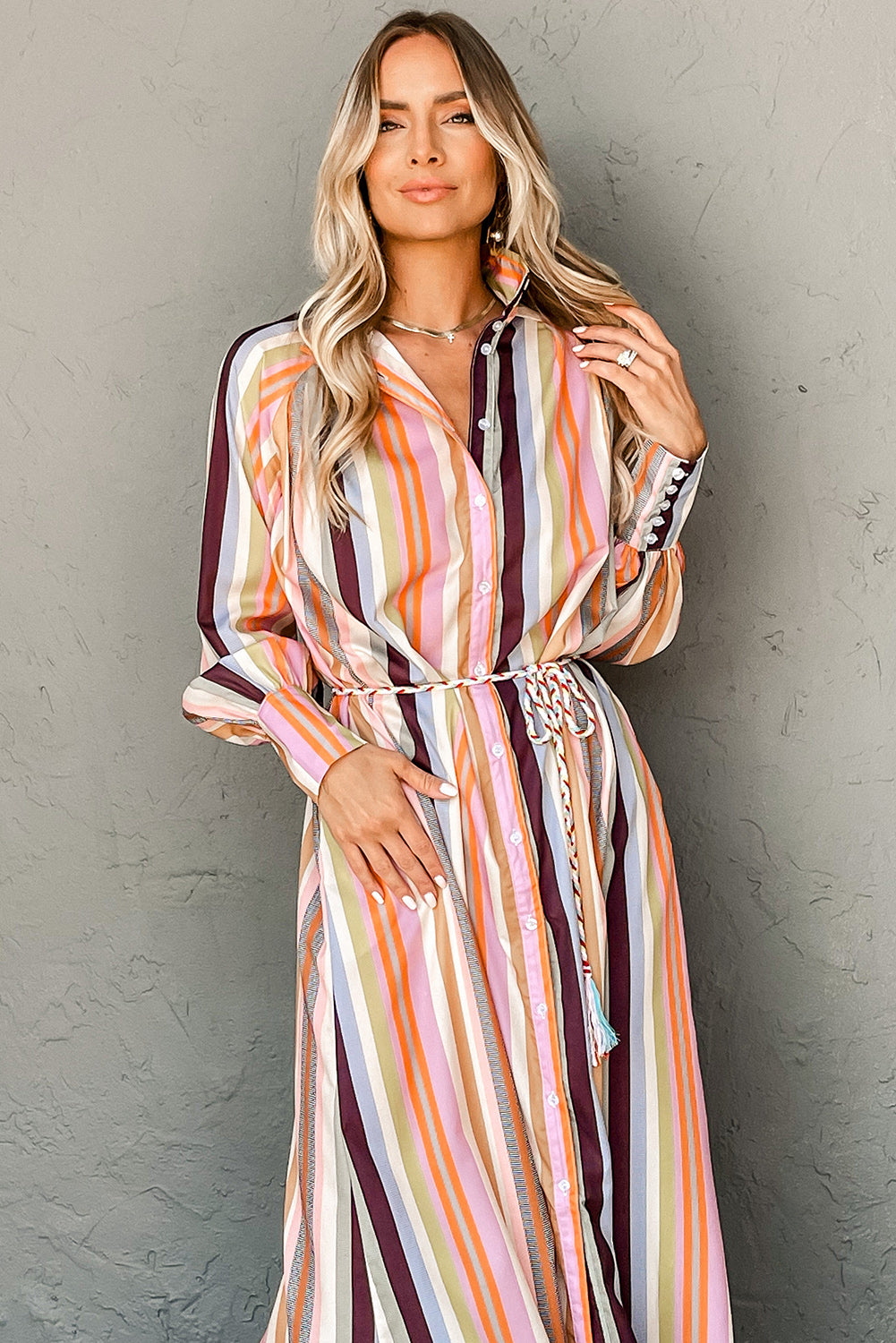 White Multicolor Striped Cuffed Sleeve Tassel Tied Shirt Maxi Dress