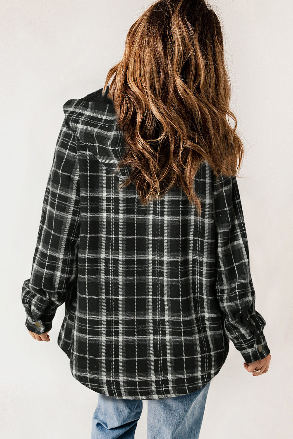 Black Plaid Pattern Sherpa Lined Hooded Shacket