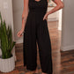 Black Spaghetti Straps Open Back Pleated Wide Leg Jumpsuit