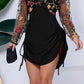 Floral Embroidery Mesh Splice Long Sleeve Side Drawstring Dress