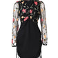 Floral Embroidery Mesh Splice Long Sleeve Side Drawstring Dress