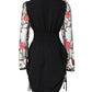 Floral Embroidery Mesh Splice Long Sleeve Side Drawstring Dress