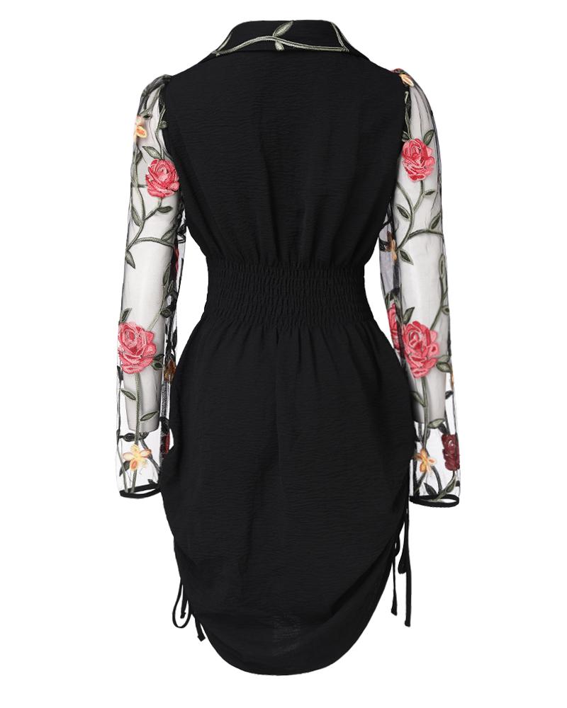 Floral Embroidery Mesh Splice Long Sleeve Side Drawstring Dress