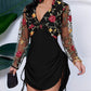 Floral Embroidery Mesh Splice Long Sleeve Side Drawstring Dress