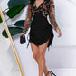 Floral Embroidery Mesh Splice Long Sleeve Side Drawstring Dress