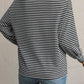 Black Stripe Drop Shoulder Puff Long Sleeve O Neck Plus Size T Shirt